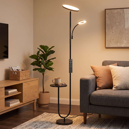 Dimmable LED Floor Lamp with Side Table and Reading Light, Remote Control, Black