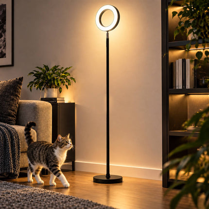 Dimmable RGB Floor Lamp 42 W with Rotating Ring Head, Voice Control, Black
