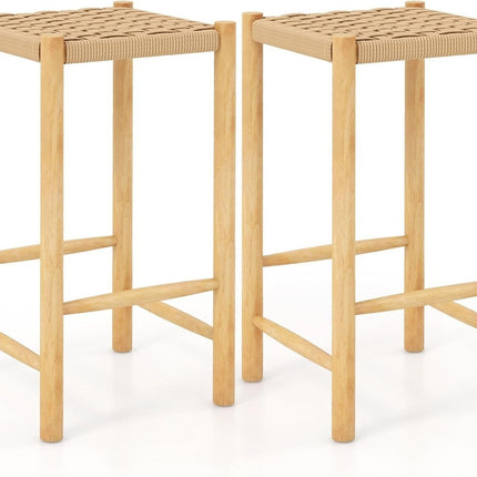 Ēdamistabas bāra krēslu komplekts, gumijkoka rāmis un pīta papīra sēdeklis, rustikāls bāra krēsls uz letes, augstums 65 cm