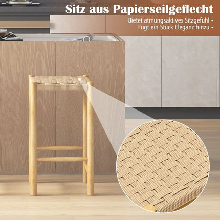 Ēdamistabas bāra krēslu komplekts, gumijkoka rāmis un pīta papīra sēdeklis, rustikāls bāra krēsls uz letes, augstums 65 cm