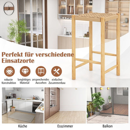 Ēdamistabas bāra krēslu komplekts, gumijkoka rāmis un pīta papīra sēdeklis, rustikāls bāra krēsls uz letes, augstums 65 cm