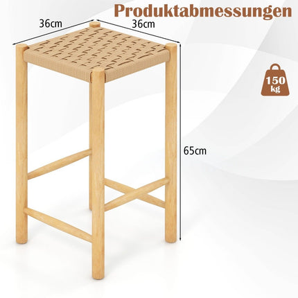 Ēdamistabas bāra krēslu komplekts, gumijkoka rāmis un pīta papīra sēdeklis, rustikāls bāra krēsls uz letes, augstums 65 cm