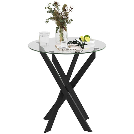 Ēdamgalds, apaļš virtuves galds 4 personām, ēdamistabas galds ar tērauda kājām, galda virsma no rūdīta stikla, ēdamistabai, virtuvei, Ø70 x 75 cm, moderns dizains, melns+caurspīdīgs