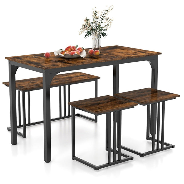 Ēdamgalds ar soliņu un 2 krēsliem, 4 gab. komplekts, virtuves galds, industriāla stila ēdamistabas grupa virtuvei, 120 x 60 x 75 cm, brūns