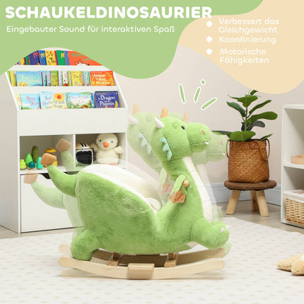 Dinozauru šūpoļkrēsls ar skaņām, mīksts pildījums, koka rāmis, zaļš