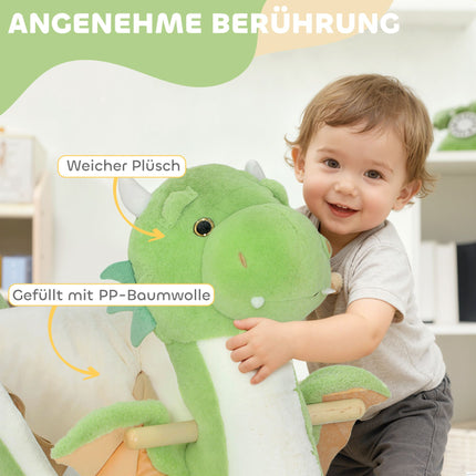 Dinozauru šūpoļkrēsls ar skaņām, mīksts pildījums, koka rāmis, zaļš