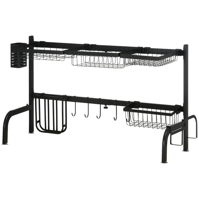 Trauku žāvētājs ar 2 līmeņiem, trauku žāvētājs ar āķiem, pilienu paplāte, tērauds, melns, 51-93 cm