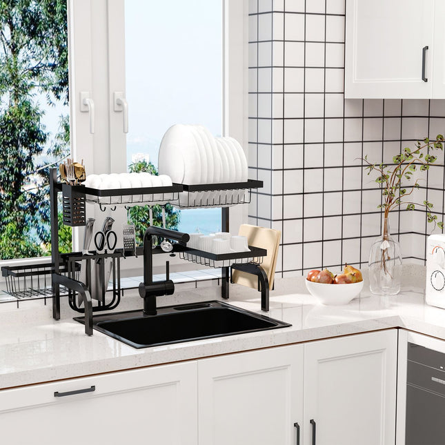 Trauku žāvētājs ar 2 līmeņiem, trauku žāvētājs ar āķiem, pilienu paplāte, tērauds, melns, 51-93 cm