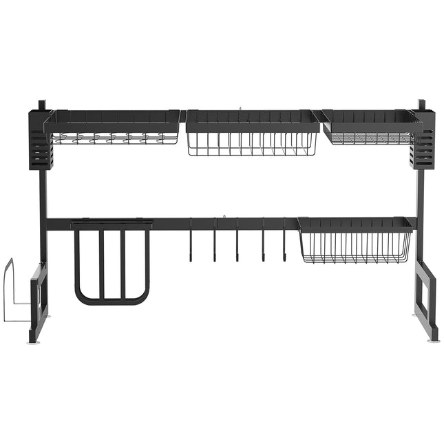 Trauku žāvētājs ar 2 līmeņiem, 2 līmeņu trauku žāvētājs ar āķiem, pilienu paplāte, 52,5 cm trauku žāvētāja plaukts virtuves izlietnei, tērauds, melns |