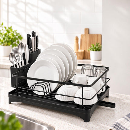 Dish Drainer with Rotating Drain and Cutlery Holder, Black, 43 cm Wide