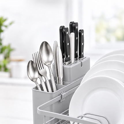 Dish Drainer with Rotating Drain and Cutlery Holder, Grey, 43 cm Wide