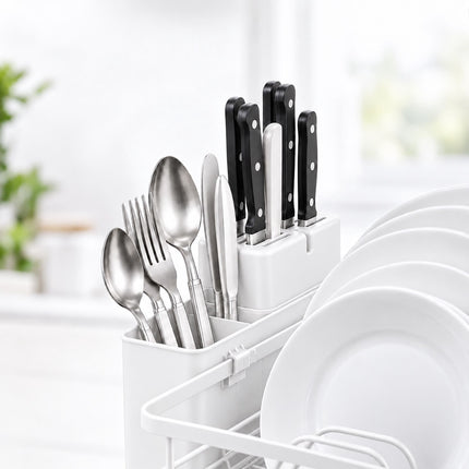Dish Drainer with Rotating Drain and Cutlery Holder, White, 43 cm Wide