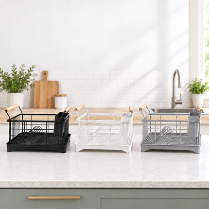 Dish Drying Rack with Drainage Tray and Cutlery Basket, Black, 360° Outlet