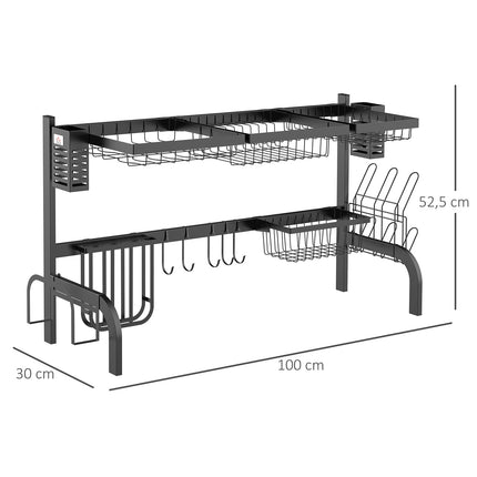 Trauku žāvētājs, 2 līmeņu, ar āķiem, šķīvju plaukts, aksesuāri, 100 cm tērauds, melns