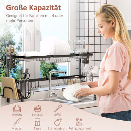 Trauku žāvētājs, 2 līmeņu, ar āķiem, šķīvju plaukts, aksesuāri, 100 cm tērauds, melns