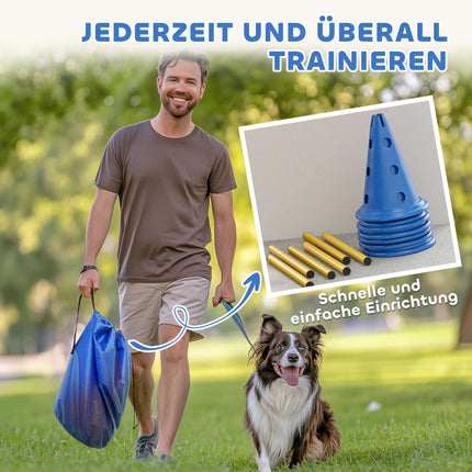 Suņu veiklības komplekts - 3 daļu treniņu komplekts ar 6 konusiem, 3 šķēršļiem