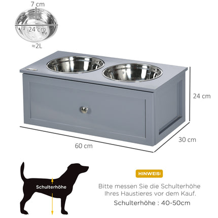 Dog feeding station in stainless steel, double bowls, gray