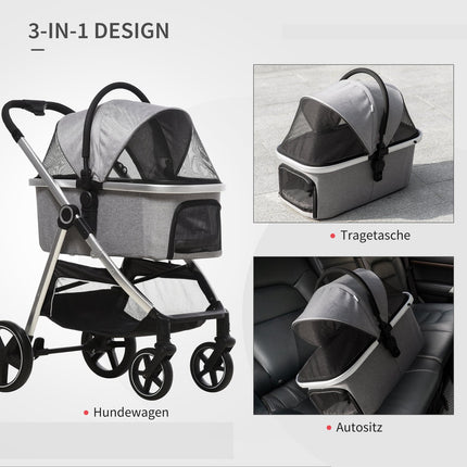 Suņu ratiņi 2-vienā, salokāmas, bremzes, sieta loga drošības pavadas, gaiši pelēkas, līdz 15 kg