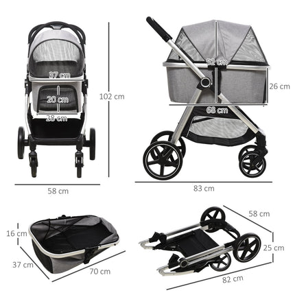 Suņu ratiņi 2-vienā, salokāmas, bremzes, sieta loga drošības pavadas, gaiši pelēkas, līdz 15 kg