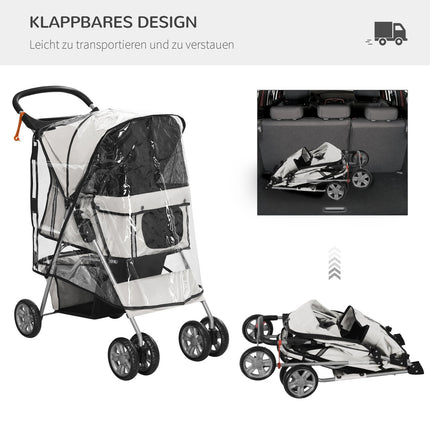 Suņu ratiņi ar lietus pārsegu, salokāmi suņu ratiņi līdz 20 kg, pelēki, ar krūzīšu turētāju un sieta logu, 75x45x97 cm