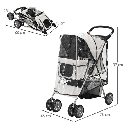 Suņu ratiņi ar lietus pārsegu, salokāmi suņu ratiņi līdz 20 kg, pelēki, ar krūzīšu turētāju un sieta logu, 75x45x97 cm