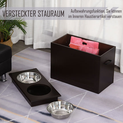 Suņu barošanas bļoda ar uzglabāšanas vietu, 2 bļodas, barošanas stacija, nerūsējošā tērauda bļoda, kaķu bļoda, MDF, nerūsējošais tērauds, espresso, 60 x 30 x 41 cm