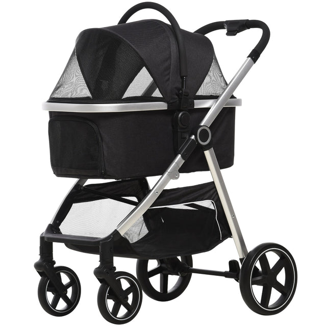 Suņu ratiņi, 3 vienā suņu ratiņi, automašīnas sēdeklis, transportēšanas soma, kaķu ratiņi ar spilvenu līdz 15 kg, salokāmi ar bremzēm, sieta logs, drošības auklas