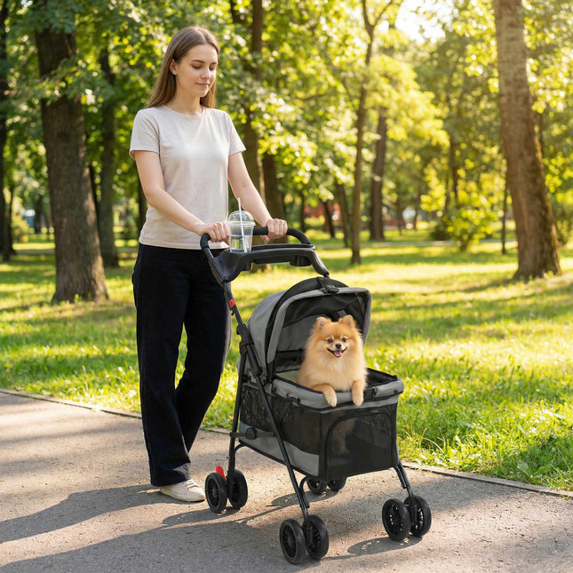 Suņu ratiņi, salokāmi, sieta logi, līdz 10 kg, pelēki