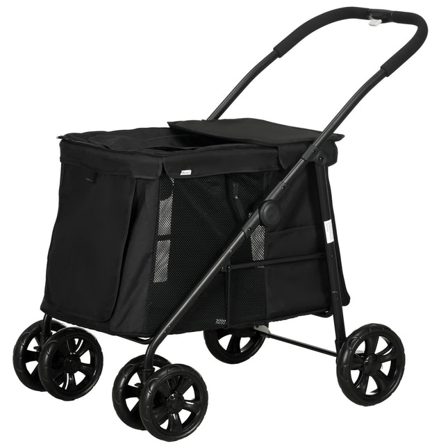 Suņu ratiņi, saliekami, ar sānu kabatām, sieta logu, maziem, vidējiem suņiem, līdz 20 kg, oksfordas audums, melni