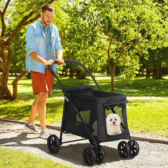 Suņu ratiņi, saliekami, ar sānu kabatām, sieta logu, maziem, vidējiem suņiem, līdz 20 kg, oksfordas audums, melni