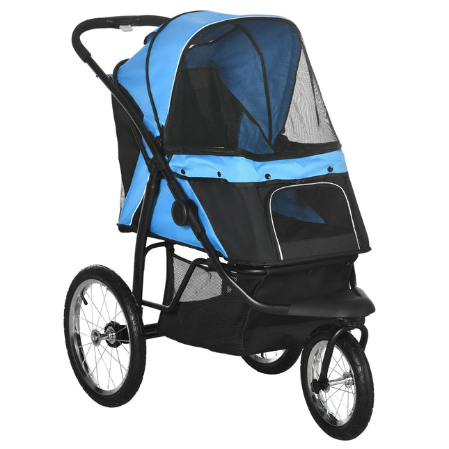 Collapsible blue dog carriage, mesh window and sun protection