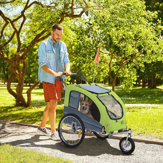 Suņu piekabe Jogger Velosipēdu piekabe suņiem, liela un stabila, ar drošības karodziņu, zaļa+pelēka, 155x83x108 cm