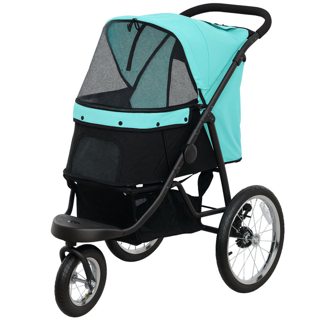 Suņu ratiņi, saliekami, maziem suņiem un kaķiem līdz 10 kg, kaķu ratiņi ar 3 lieliem gumijas riteņiem, spilvenveida sieta logiem, uzglabāšanas grozs, kaķu ratiņi ar drošības līnijām, tirkīza krāsā |