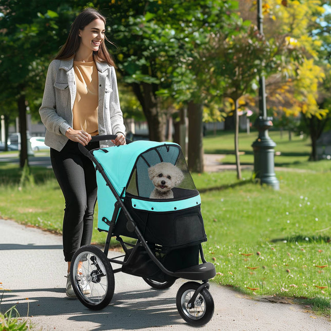 Suņu ratiņi, saliekami, maziem suņiem un kaķiem līdz 10 kg, kaķu ratiņi ar 3 lieliem gumijas riteņiem, spilvenveida sieta logiem, uzglabāšanas grozs, kaķu ratiņi ar drošības līnijām, tirkīza krāsā |