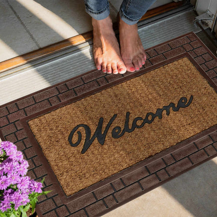 Durvju paklājiņš "Welcome" gumijas un kokosrieksta krāsā