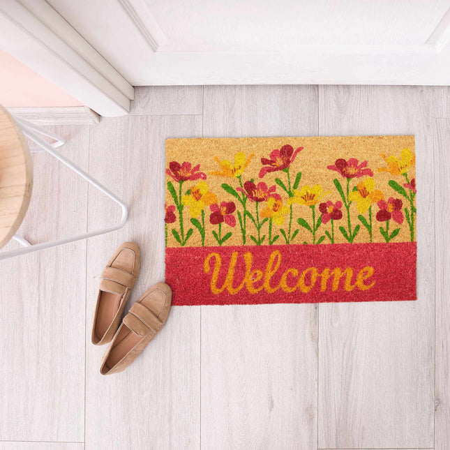 Durvju paklājiņš kokosšķiedras "Welcome" ziedi