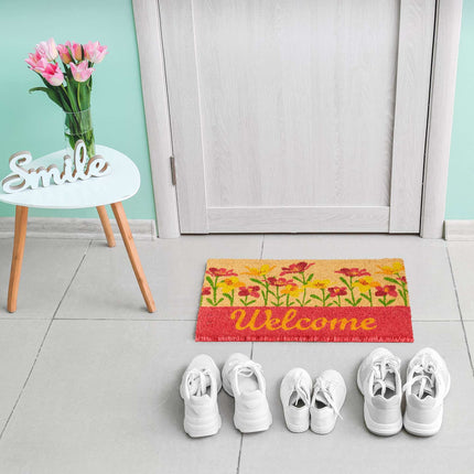 Durvju paklājiņš kokosšķiedras "Welcome" ziedi