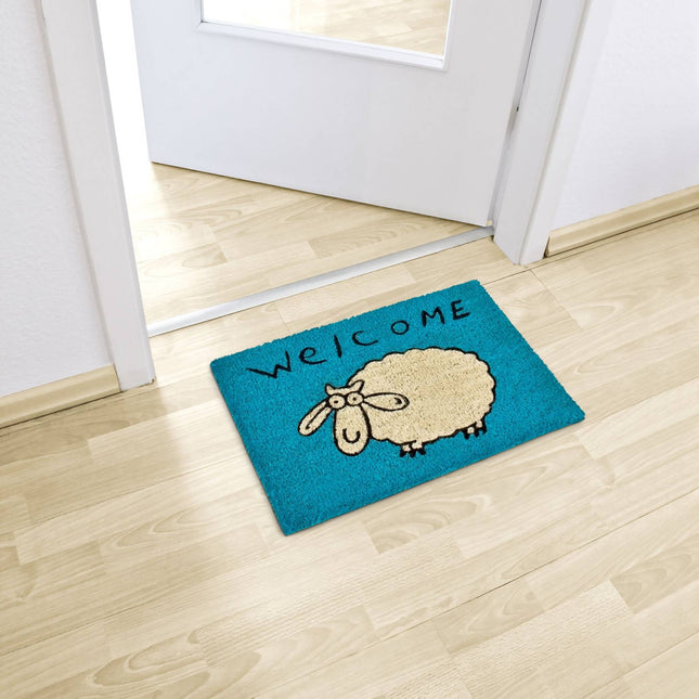 Durvju paklājiņš kokosšķiedras "Welcome" kļūst zils