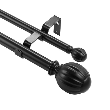 Double Curtain Rod, Adjustable 36-72 In, Black Finials