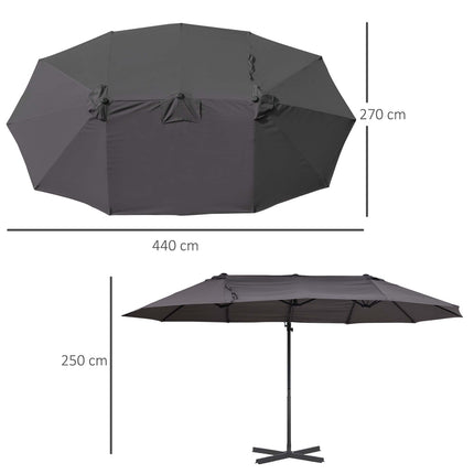 Dubultais saulessargs, konsoles formas, kloķa formas, regulējams dārza saulessargs, aizsardzība pret sauli, metāls, tumši pelēks, 440 x 270 x 250 cm