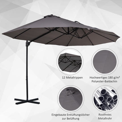 Dubultais saulessargs, konsoles formas, kloķa formas, regulējams dārza saulessargs, aizsardzība pret sauli, metāls, tumši pelēks, 440 x 270 x 250 cm