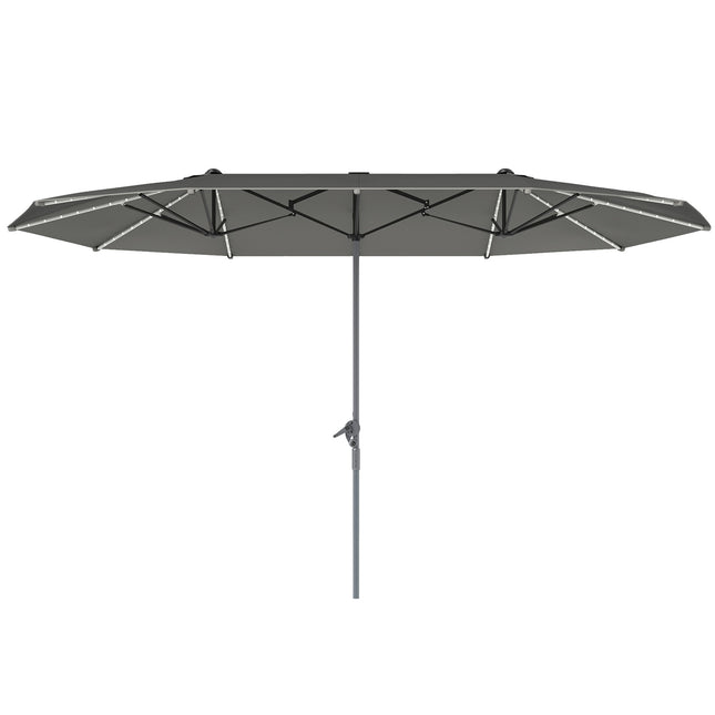 Divkāršs saulessargs ar saules LED gaismām 451 x 267 cm, alumīnijs, UV 50+ saulessargs ar rokas kloķi, balkona lietussargs, vēja necaurlaidīgs tirgus lietussargs, saules aizsardzība pludmales balkonam, dārzam, tumši pelēks |