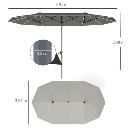 Divkāršs saulessargs ar saules LED gaismām 451 x 267 cm, alumīnijs, UV 50+ saulessargs ar rokas kloķi, balkona lietussargs, vēja necaurlaidīgs tirgus lietussargs, saules aizsardzība pludmales balkonam, dārzam, tumši pelēks |
