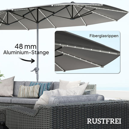 Divkāršs saulessargs ar saules LED gaismām 451 x 267 cm, alumīnijs, UV 50+ saulessargs ar rokas kloķi, balkona lietussargs, vēja necaurlaidīgs tirgus lietussargs, saules aizsardzība pludmales balkonam, dārzam, tumši pelēks |