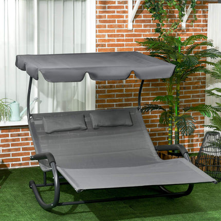 Divvietīgs sauļošanās krēsls, šūpoles sols ar saules nojumi, šūpuļkrēsls ar riteņiem, dārza krēsls ar spilvenu, slodze 220 kg, 2 personām, tumši pelēks, 200x139x140cm