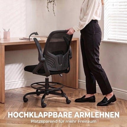 Drafting Chair with Foot Ring and Adjustable Lumbar Support, Black, Mesh Back