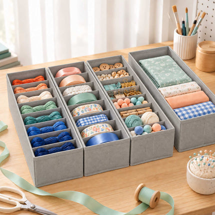 Drawer Organiser 8-Piece Set with Divider Boxes, Light Grey, Non-Woven Fabric