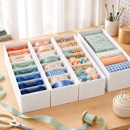 Drawer Organiser 8-Piece Set with Divider Boxes, White, Non-Woven Fabric
