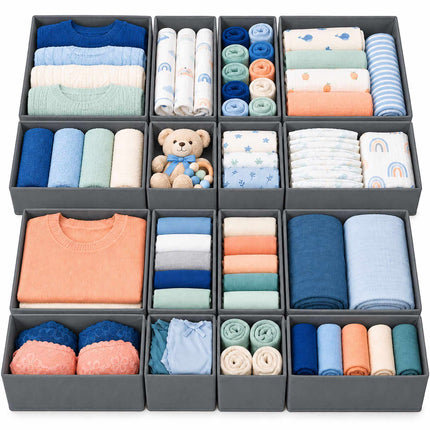 Drawer Organiser Boxes 16-Piece Set in 3 Sizes, Dark Grey, Non-Woven Fabric