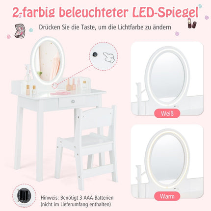 Bērnu tualetes galdiņš ar apgaismotu spoguli, kosmētikas galdiņš ar krēslu, balts
